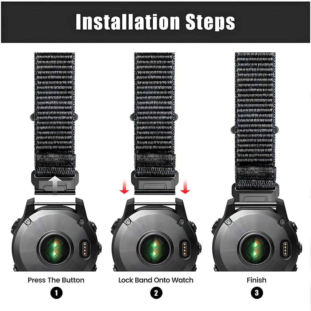 Installation steps for Garmin nylon quick release strap on smartwatch, featuring button press and band locking process.