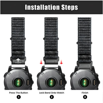 Installation steps for Garmin nylon quick release strap on smartwatch, featuring button press and band locking process.