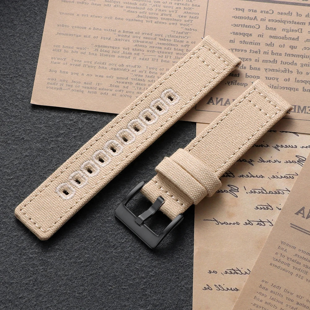 Stitched Canvas Nylon Band in Khaki with Black Buckle