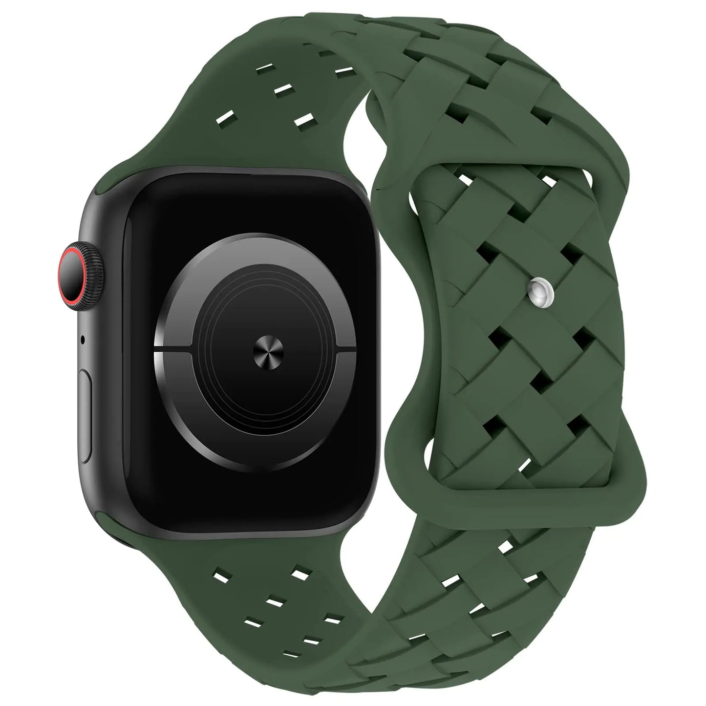 Apple Watch with braided green silicone strap, designed for comfort, breathability, and active lifestyles.