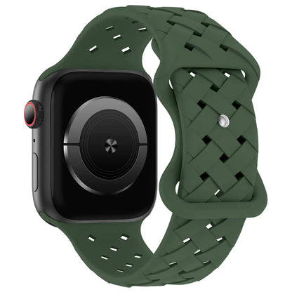Apple Watch with braided green silicone strap, designed for comfort, breathability, and active lifestyles.