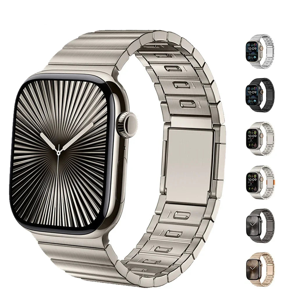 Apple Watch with stainless steel band and magnetic buckle strap, showcasing sleek design and durability.