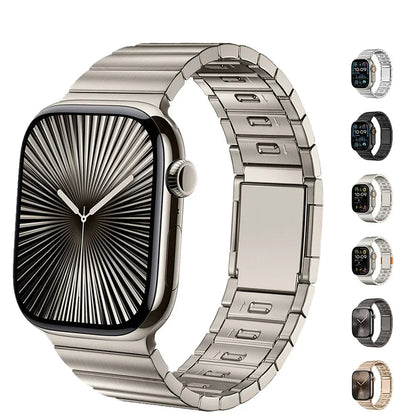 Apple Watch with stainless steel band and magnetic buckle strap, showcasing sleek design and durability.