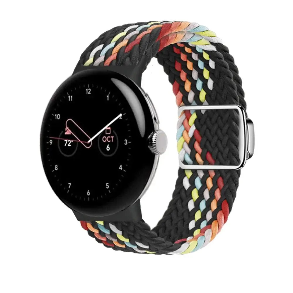 Stretch Braided Google Pixel Watch Loop with Metal Slider in Black / Rainbow Stripe