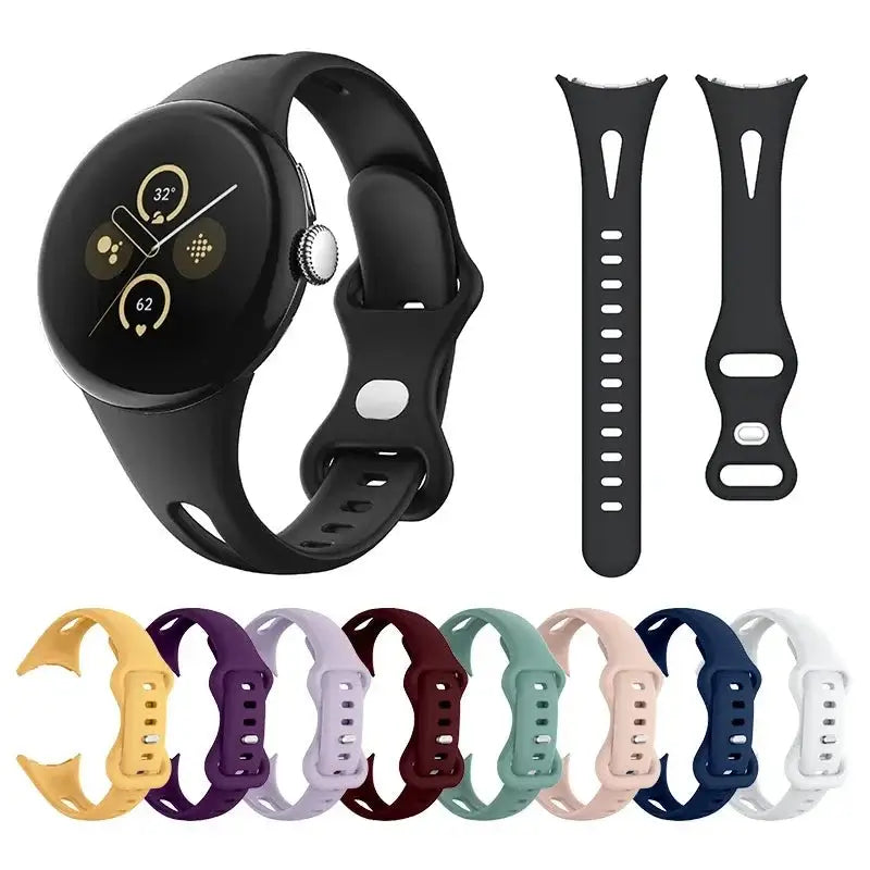 Black tapered silicone Pixel Watch band with color previews