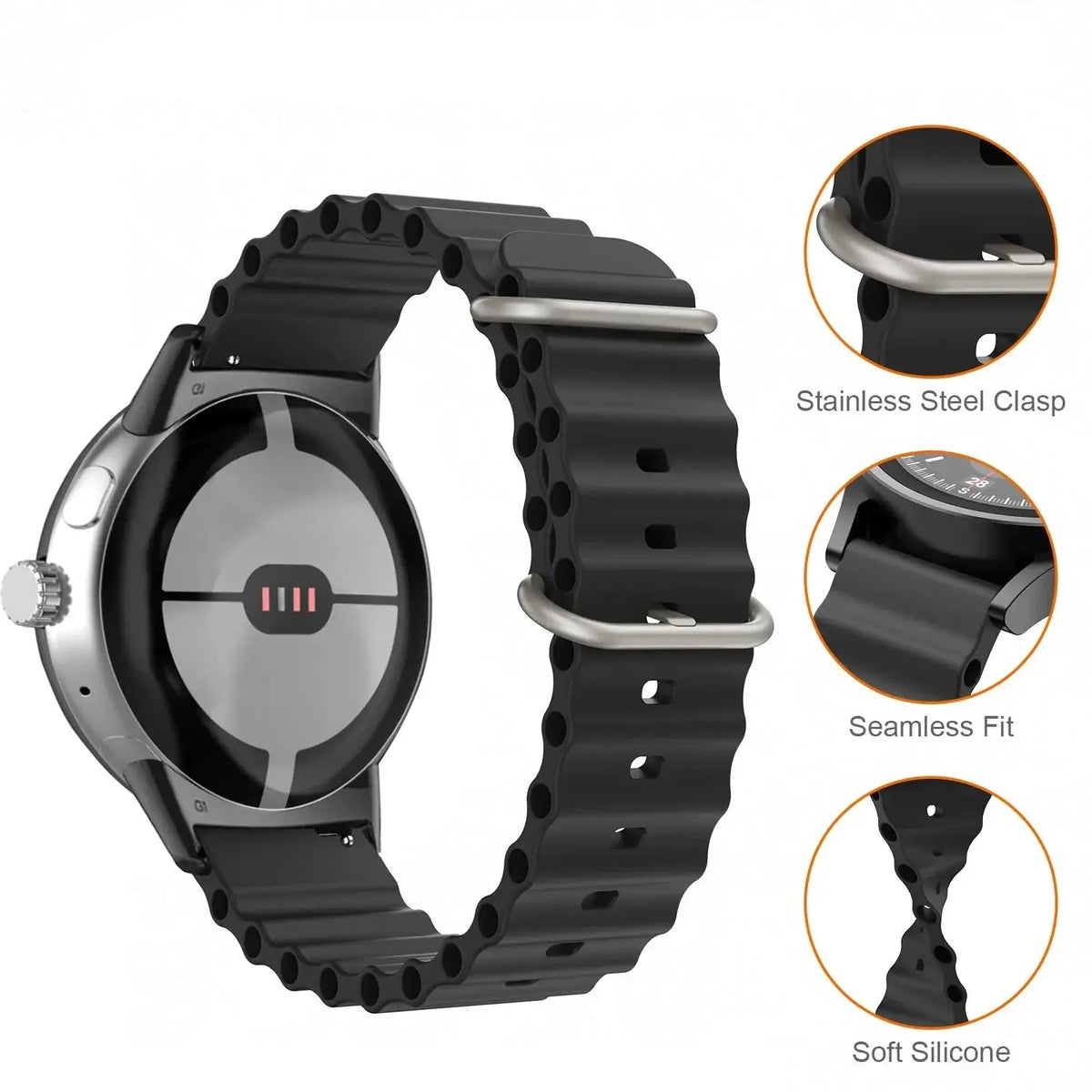Black ribbed strap buckle, keeper and connector details