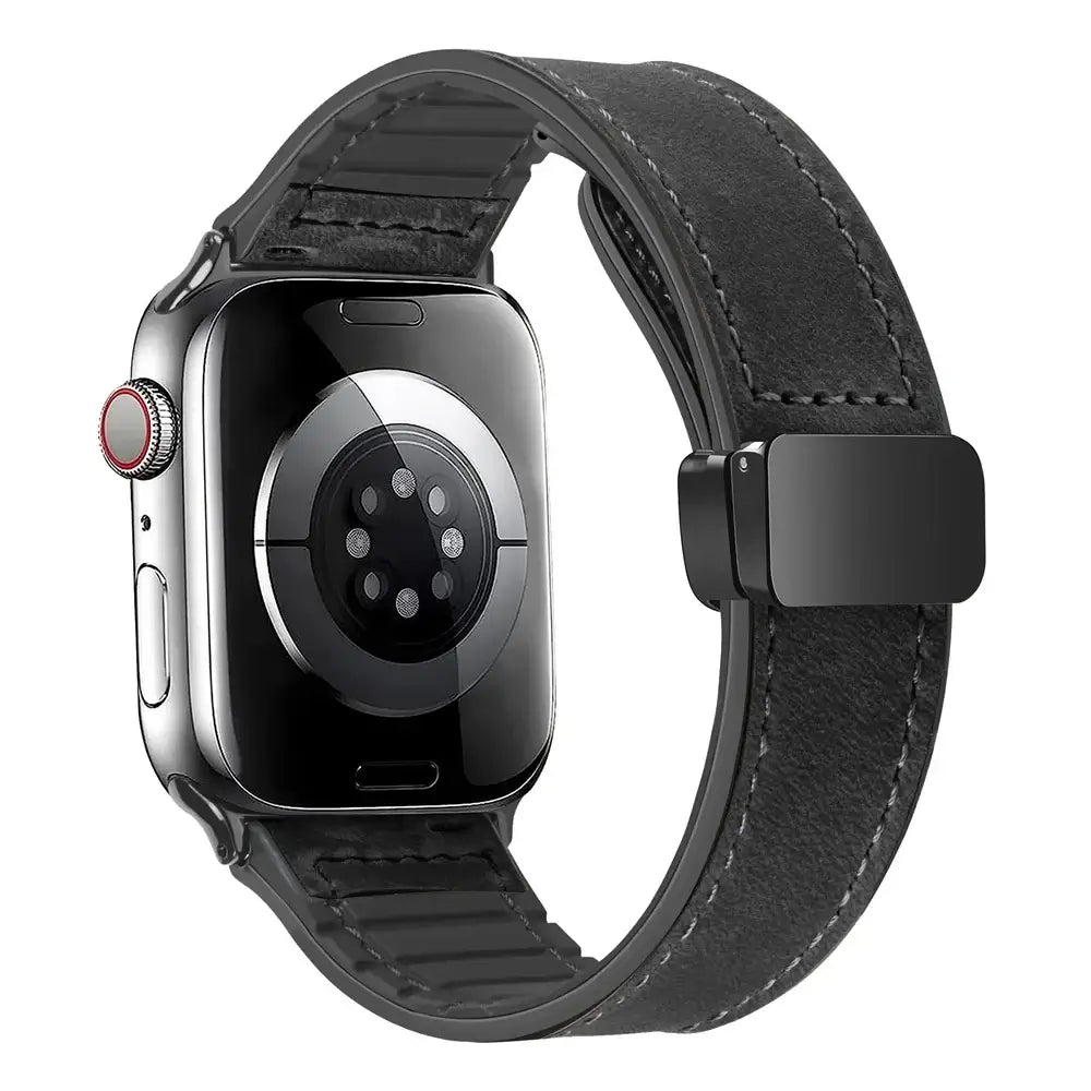 Black stitched leather Apple Watch band with magnetic clasp