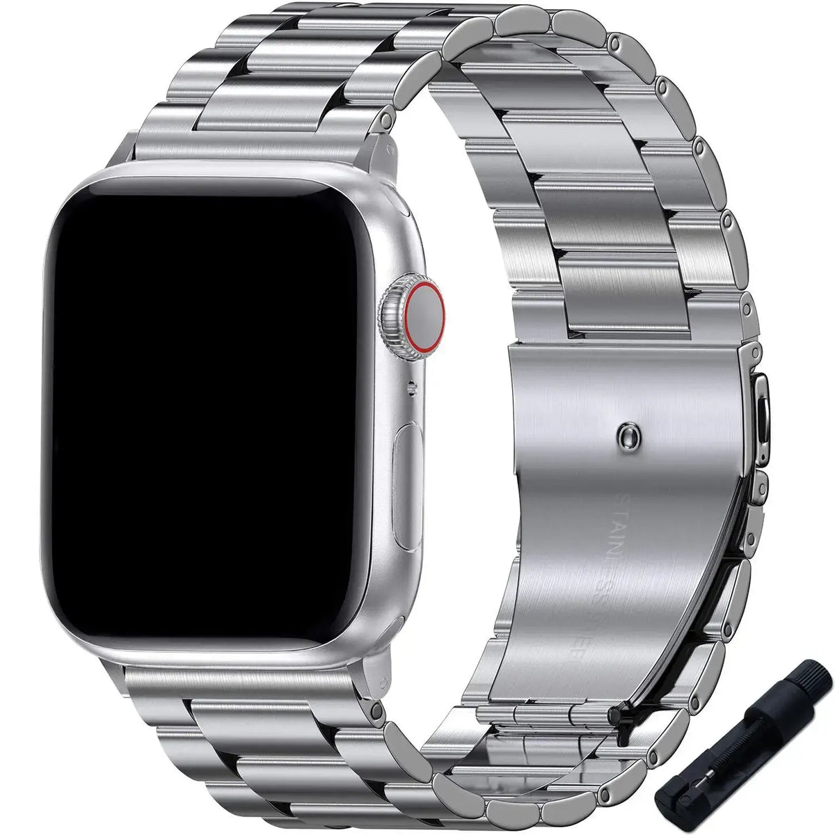 Silver wide-link Apple Watch band with link adjustment tool