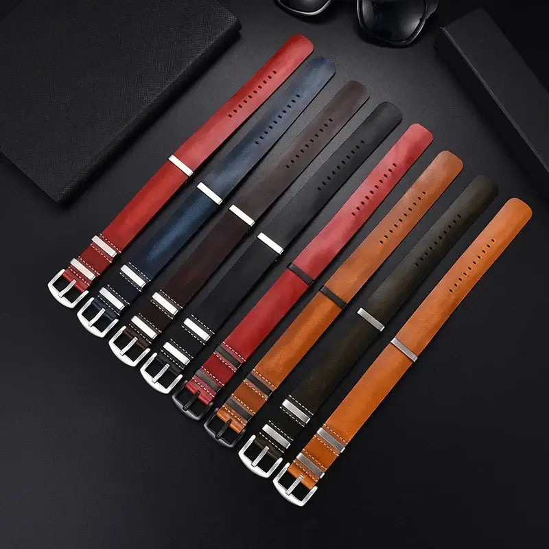 Leather pass-through straps in several colors and hardware finishes