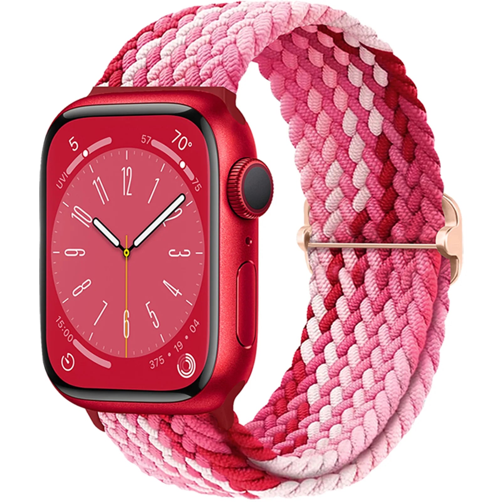 Apple Watch with braided pink elastic nylon strap, showcasing style and comfort for daily wear.