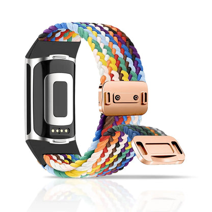 Colorful braided band for Fitbit Charge 5 & 6, featuring magnetic buckle for comfort and style, ideal smartwatch accessory.