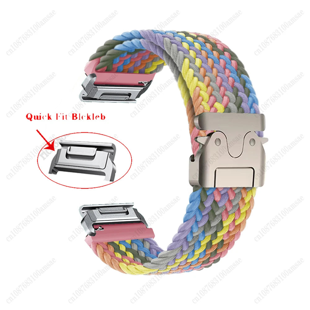 Garmin Braided Nylon Strap in colorful design, featuring quick fit buckle for easy smartwatch replacement.