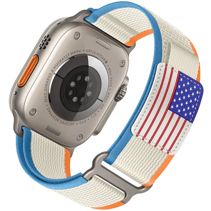 Apple Watch with rugged nylon band showcasing American flag design, perfect for outdoor adventures.