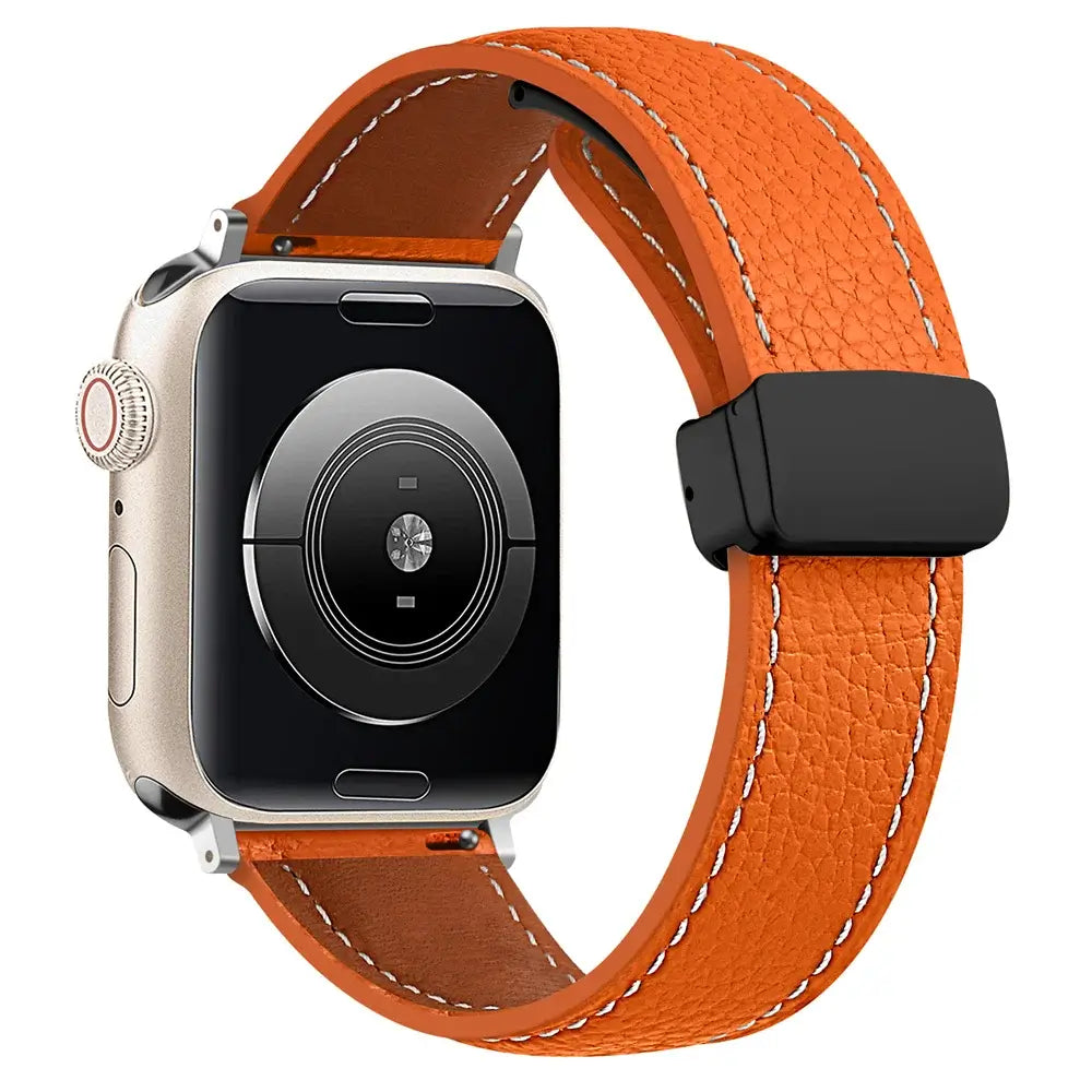 Stitched leather Apple Watch band in Orange, with black folding clasp.