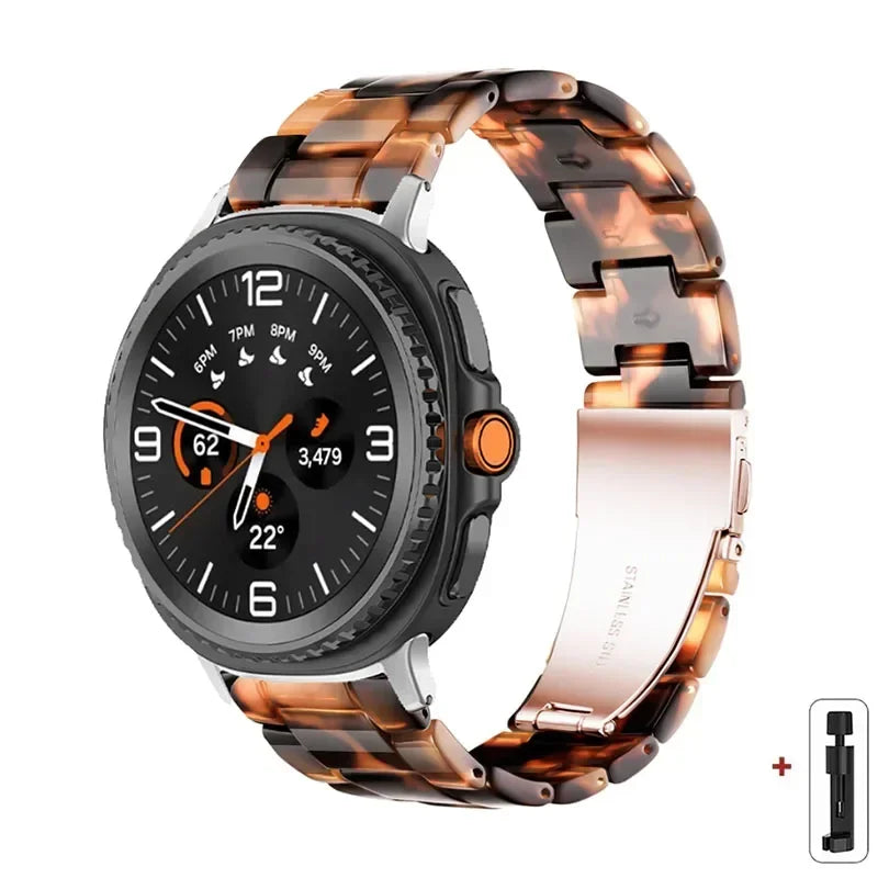 Samsung Galaxy Resin Link Watch Band - Tortoise Women Watch8/Watch8 Classic/Watch9 Ultra/Ultra2 on smartwatch with dark honey design.