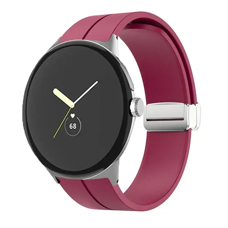 Magnetic Folding Clasp Silicone Google Pixel Watch Band in Burgundy / Silver