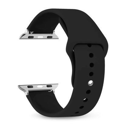 Black silicone strap for Apple Watch, comfortable, waterproof, and durable for workouts and casual wear.