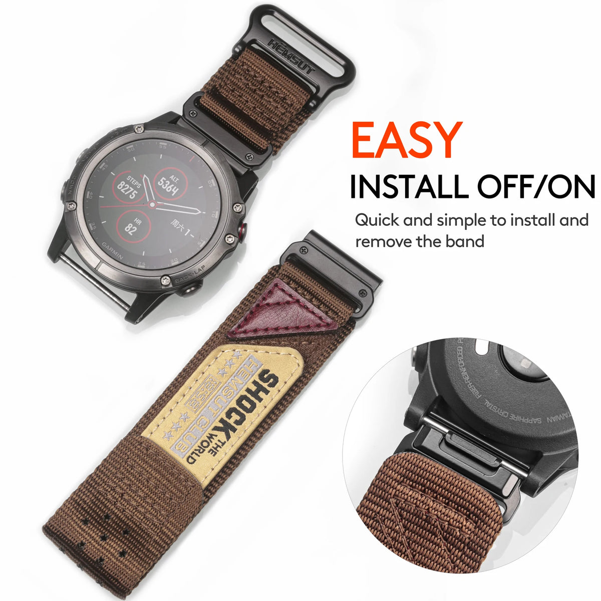Garmin 26mm Nylon Band with Graphic Patch strap connector attachment views