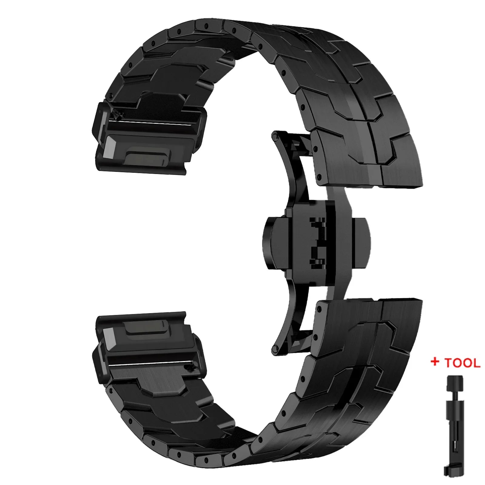 Garmin QuickFit stainless steel strap with tool, elegant and durable replacement band for Garmin smartwatches.