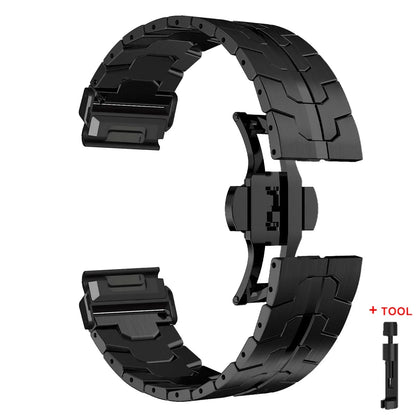 Garmin QuickFit stainless steel strap with tool, elegant and durable replacement band for Garmin smartwatches.