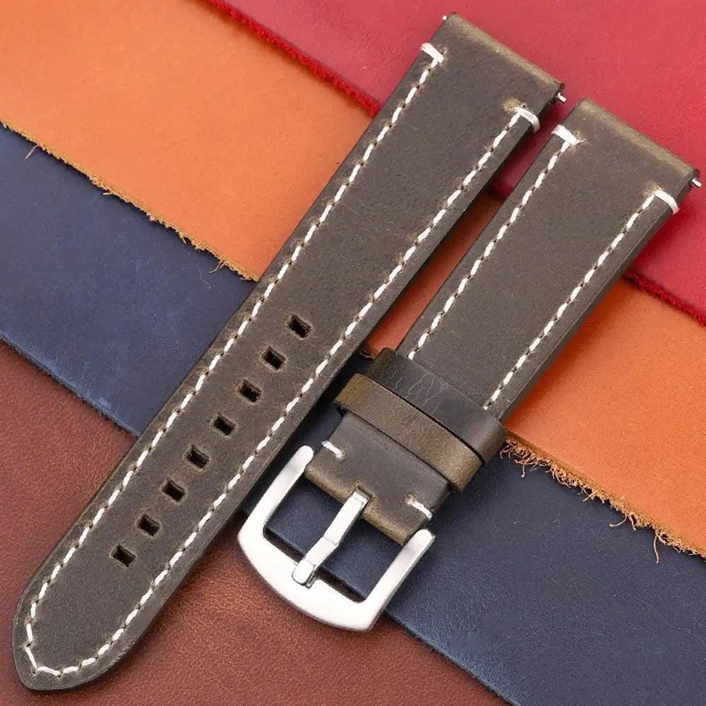 TicWatch Contrast-Stitched Leather Buckle Band - Olive Gray / Silver Buckle
