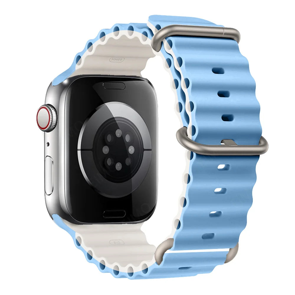 Apple Watch with a blue silicone strap, designed for comfort, waterproof and breathable for active lifestyles.