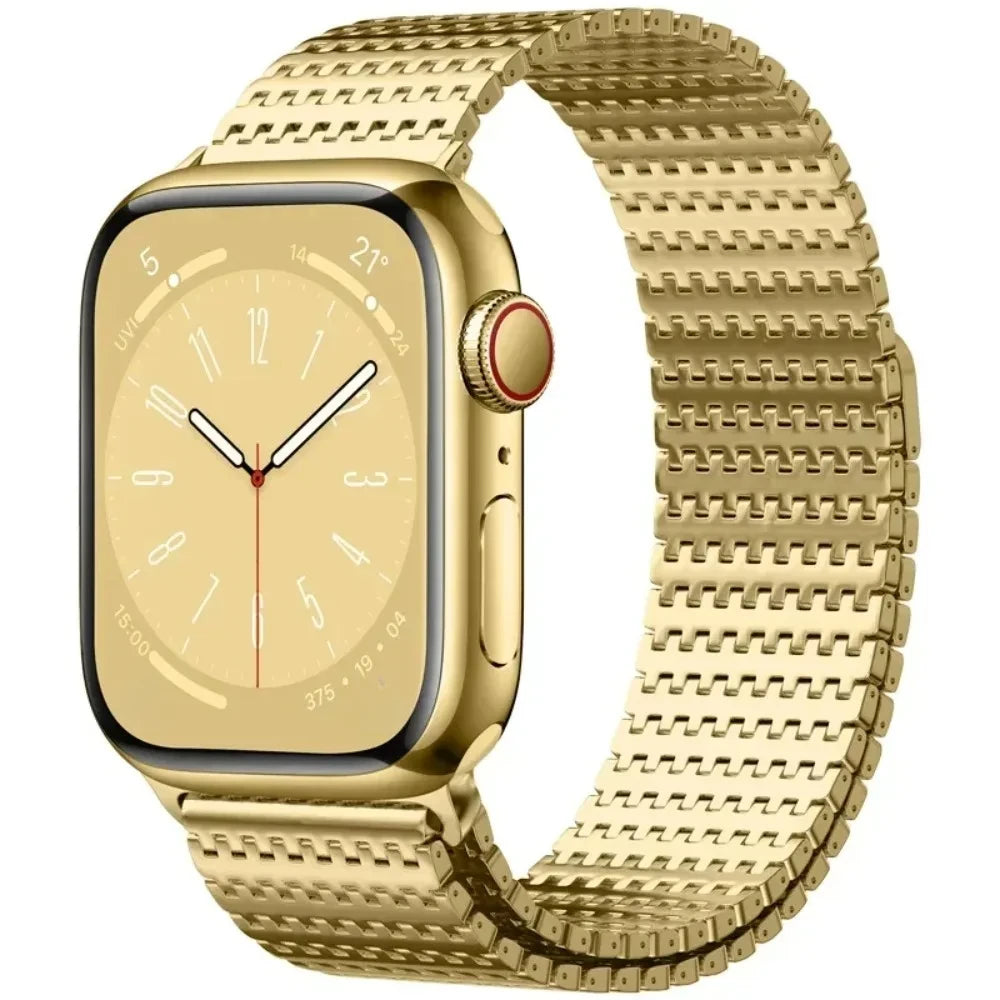 Gold Apple Watch with stainless steel Milanese loop band, showcasing its elegant design and magnetic clasp.