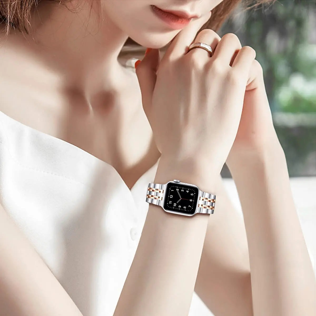 Multi-row bracelet worn on a wrist for Apple Watch