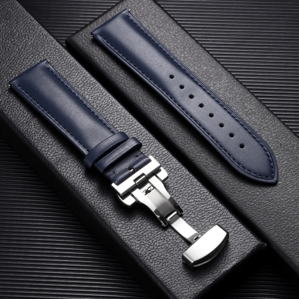 Leather Butterfly Clasp Band in Navy Blue