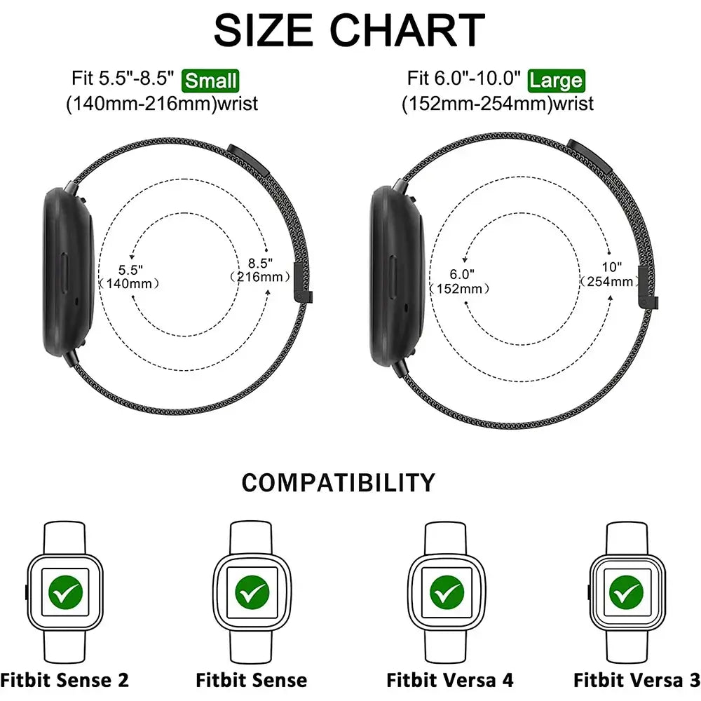 Fitbit Versa 3/4 & Sense 1/2 Magnetic Mesh Band - Wrist size and model compatibility diagram