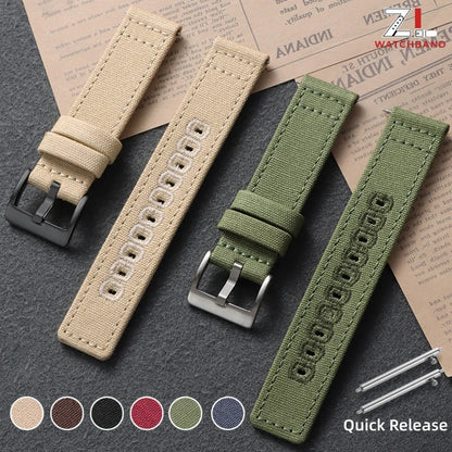 Stitched Canvas Nylon Band in khaki and army green with color swatches