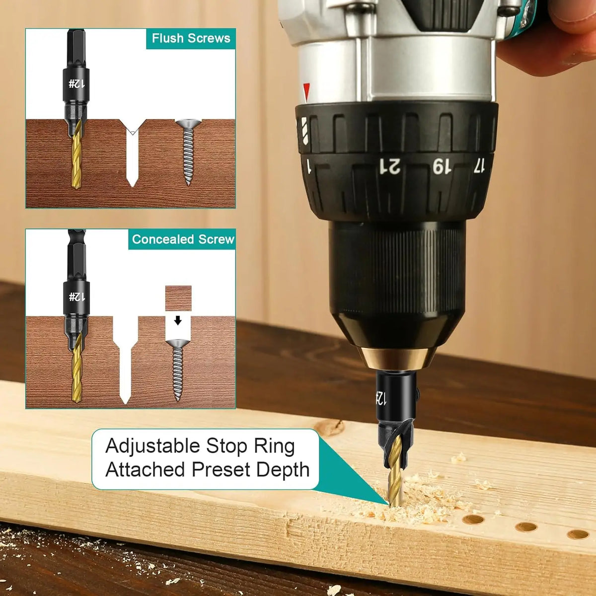 Countersink bit drilling a pilot hole for a flush screw