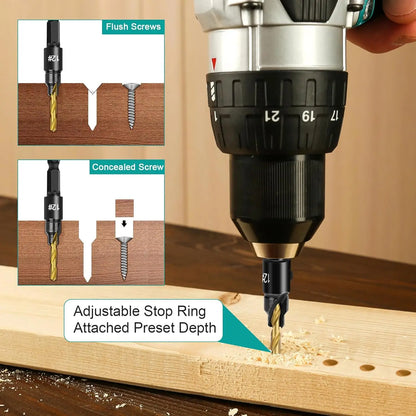 Countersink bit drilling a pilot hole for a flush screw