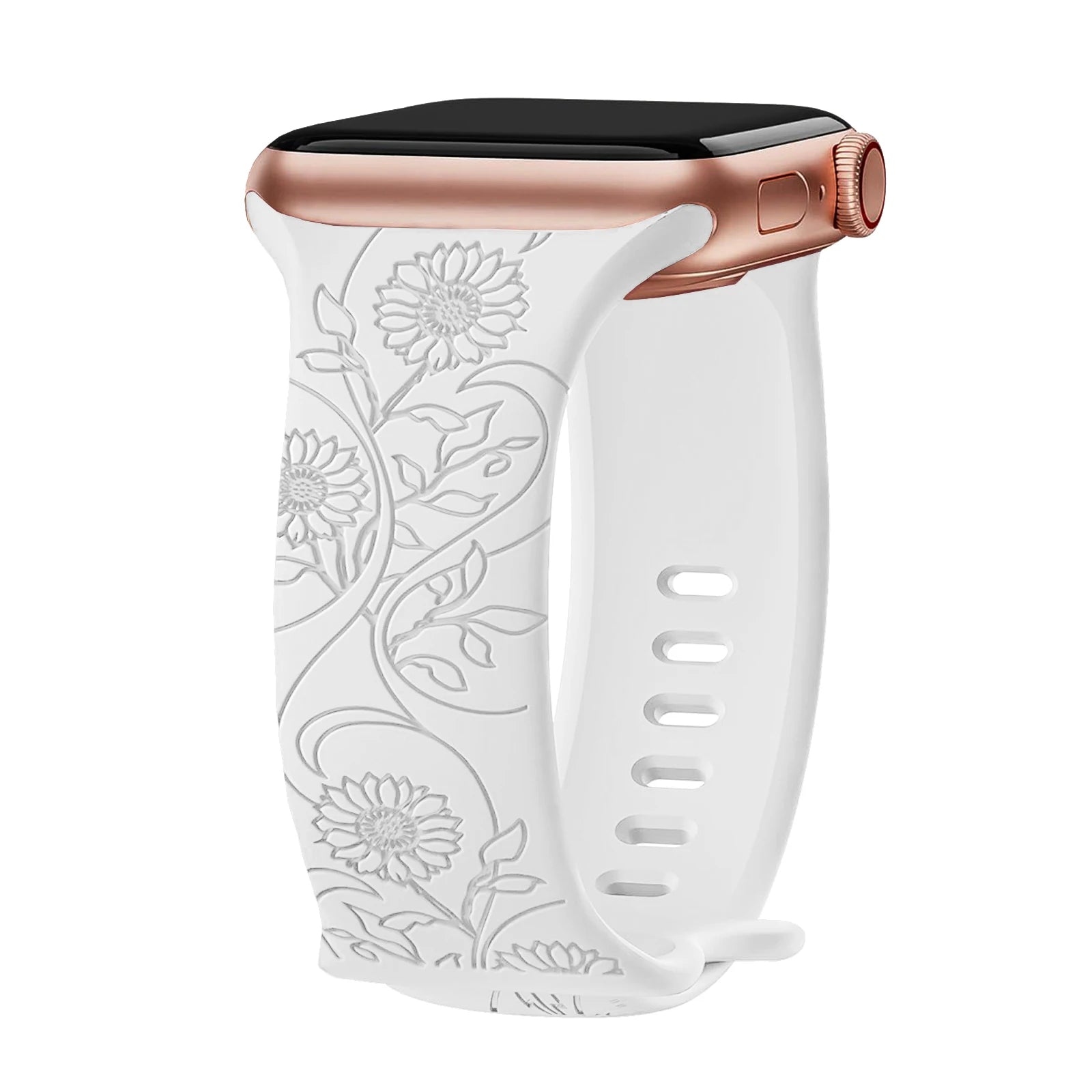 Apple Watch silicone strap with floral engraving, soft and waterproof, perfect for style and comfort.
