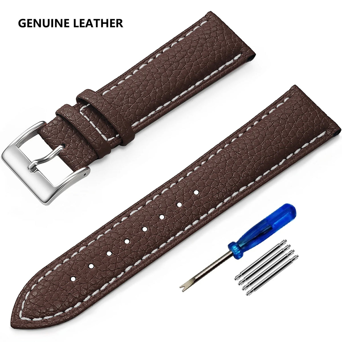 Grained Leather Band in Dark Brown with White Stitching and Silver Buckle