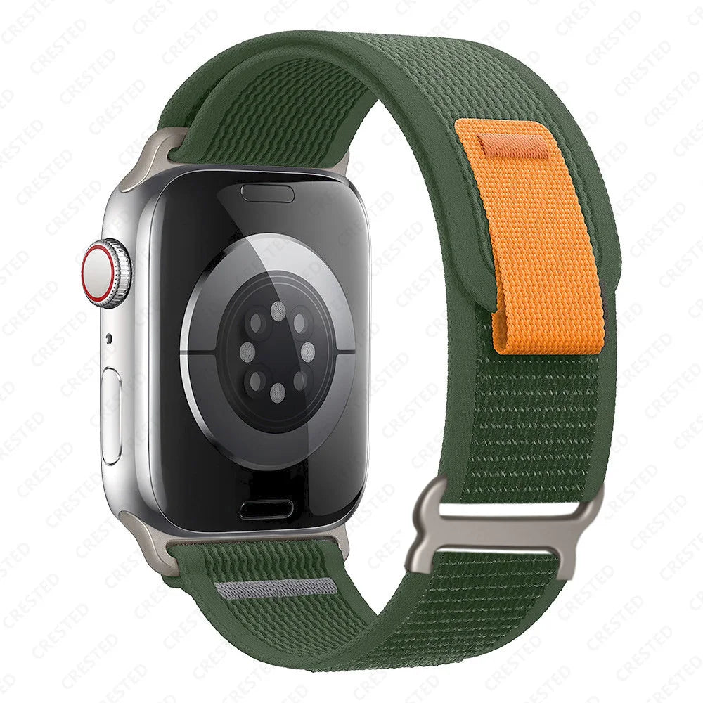 Apple Watch Trail Loop Nylon Strap in green with orange accents, designed for comfort and durability.
