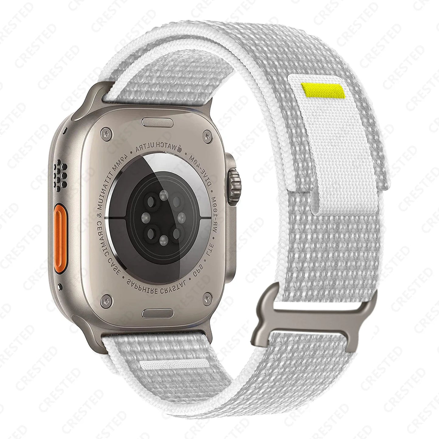 Apple Watch with Trail Loop Nylon Strap in gray, showcasing its durable and adjustable features for everyday and outdoor activities.