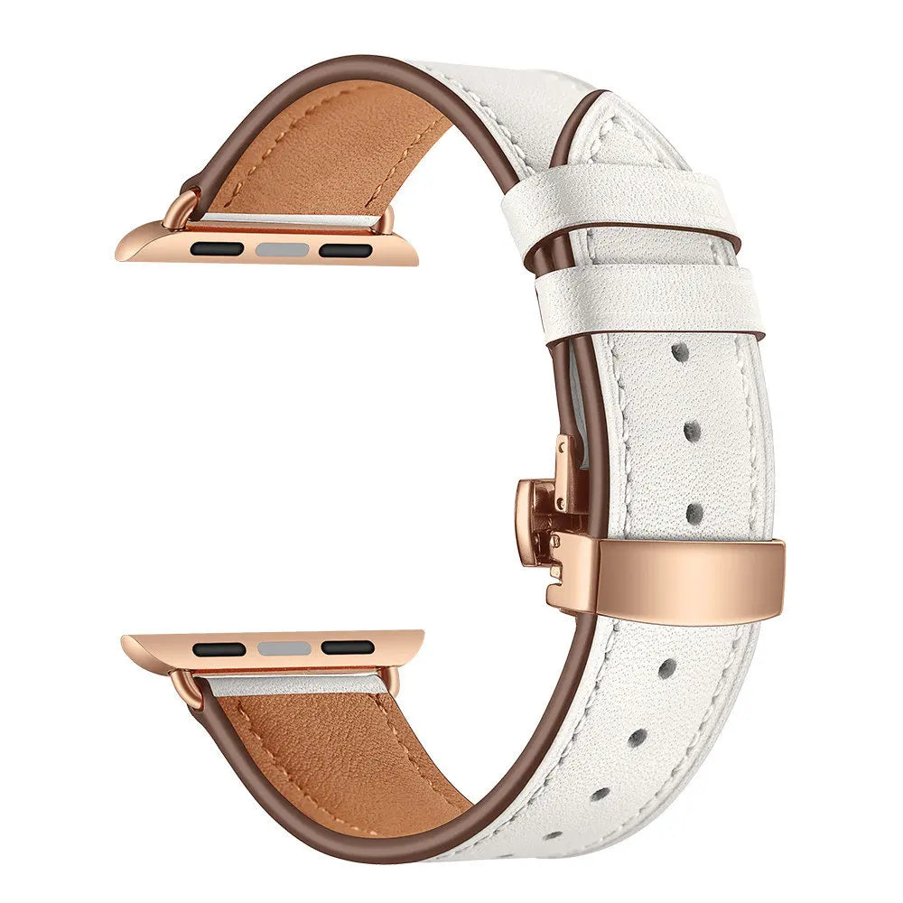 Contrast-Stitched Leather Apple Watch Band with Folding Clasp in Rose Gold / White