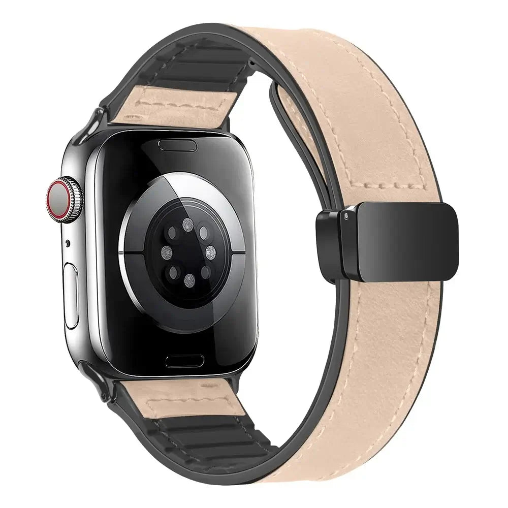 Beige stitched leather Apple Watch band with magnetic clasp