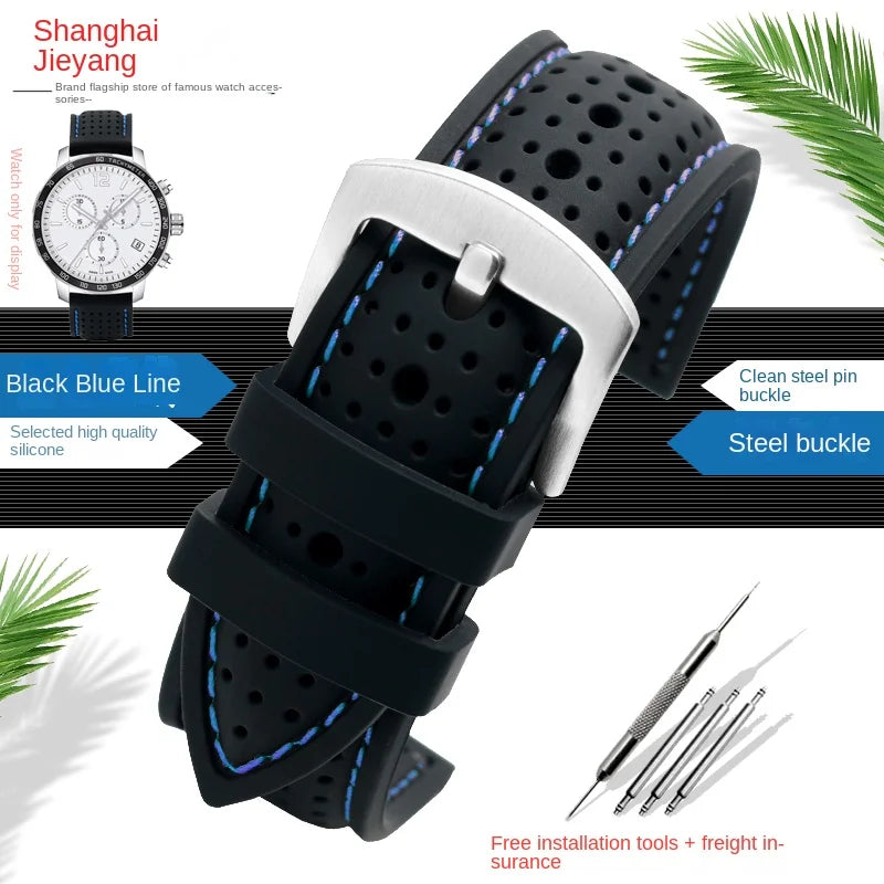 Motorola Moto Perforated Silicone Band with Contrast Stitching — Black / Blue Stitching / Silver Buckle