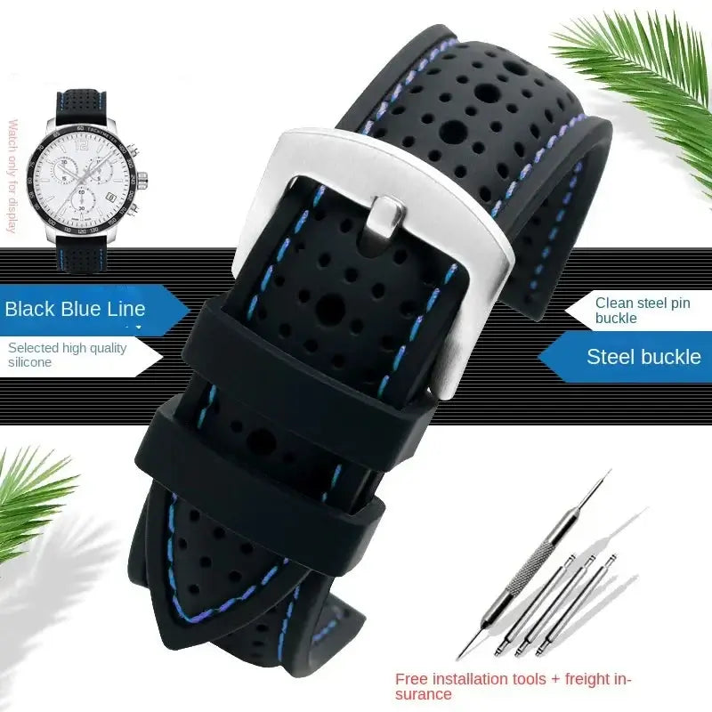 Breathable black silicone watch band with blue accents and steel buckle, ideal for Suunto watches. Free installation tools included.