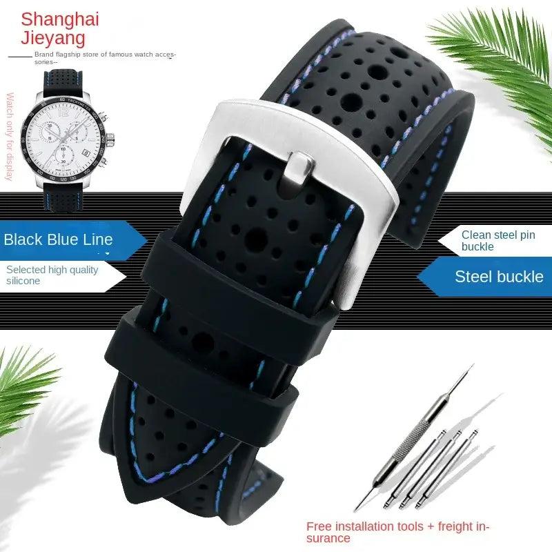 Amazfit Perforated Silicone Band with Contrast Stitching — Black / Blue Stitching / Silver Buckle