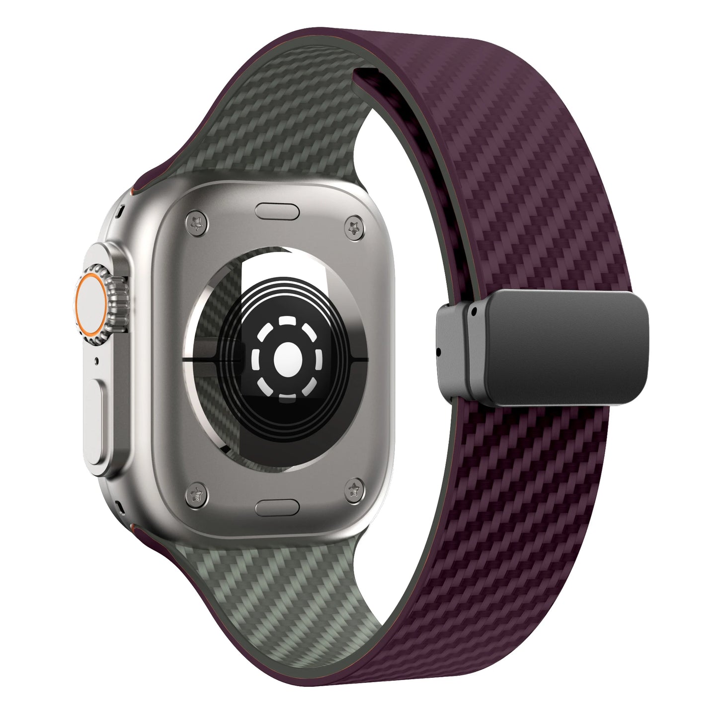 Apple Watch with purple silicone strap featuring a magnetic buckle and durable design for comfort and security.