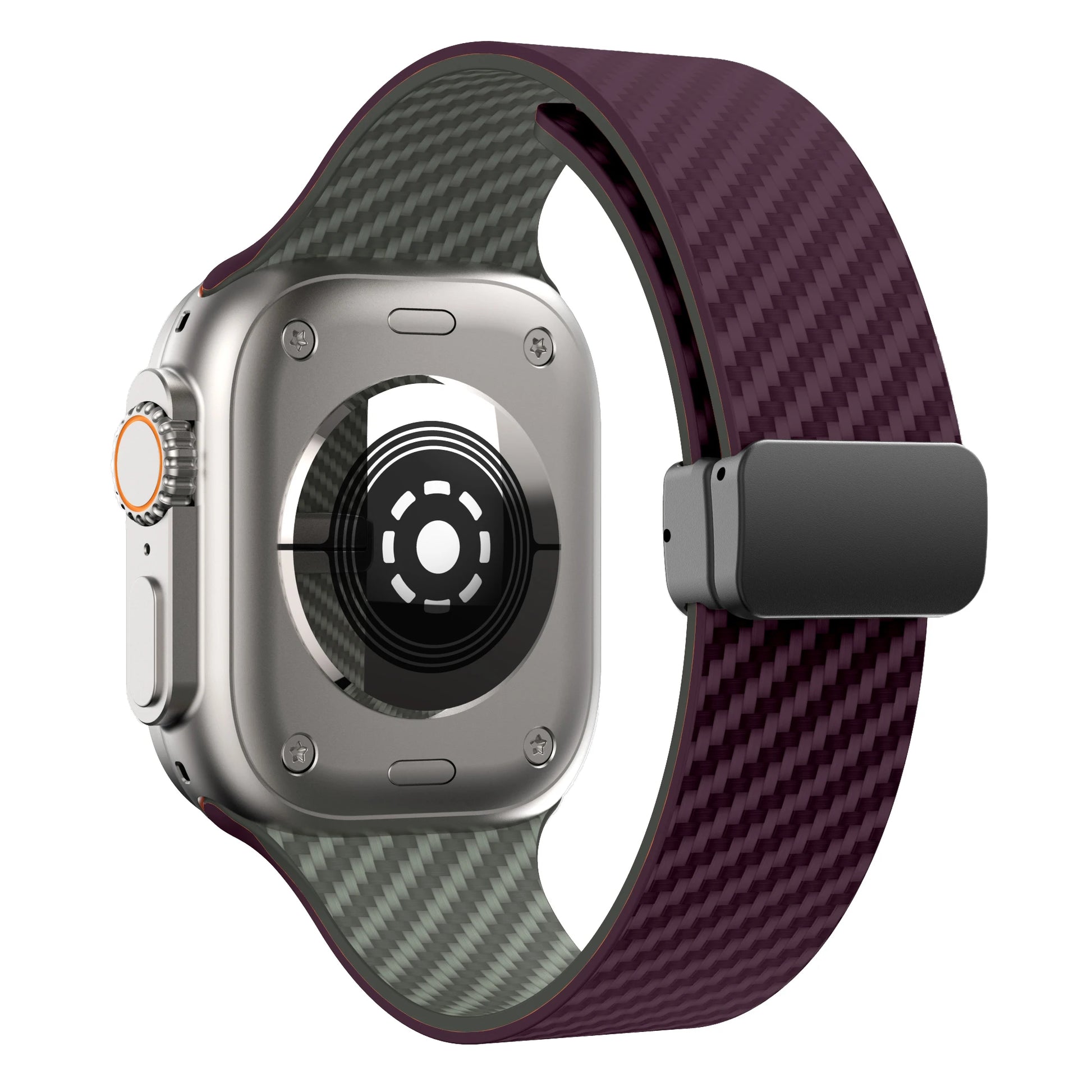 Apple Watch with purple silicone strap featuring a magnetic buckle and durable design for comfort and security.