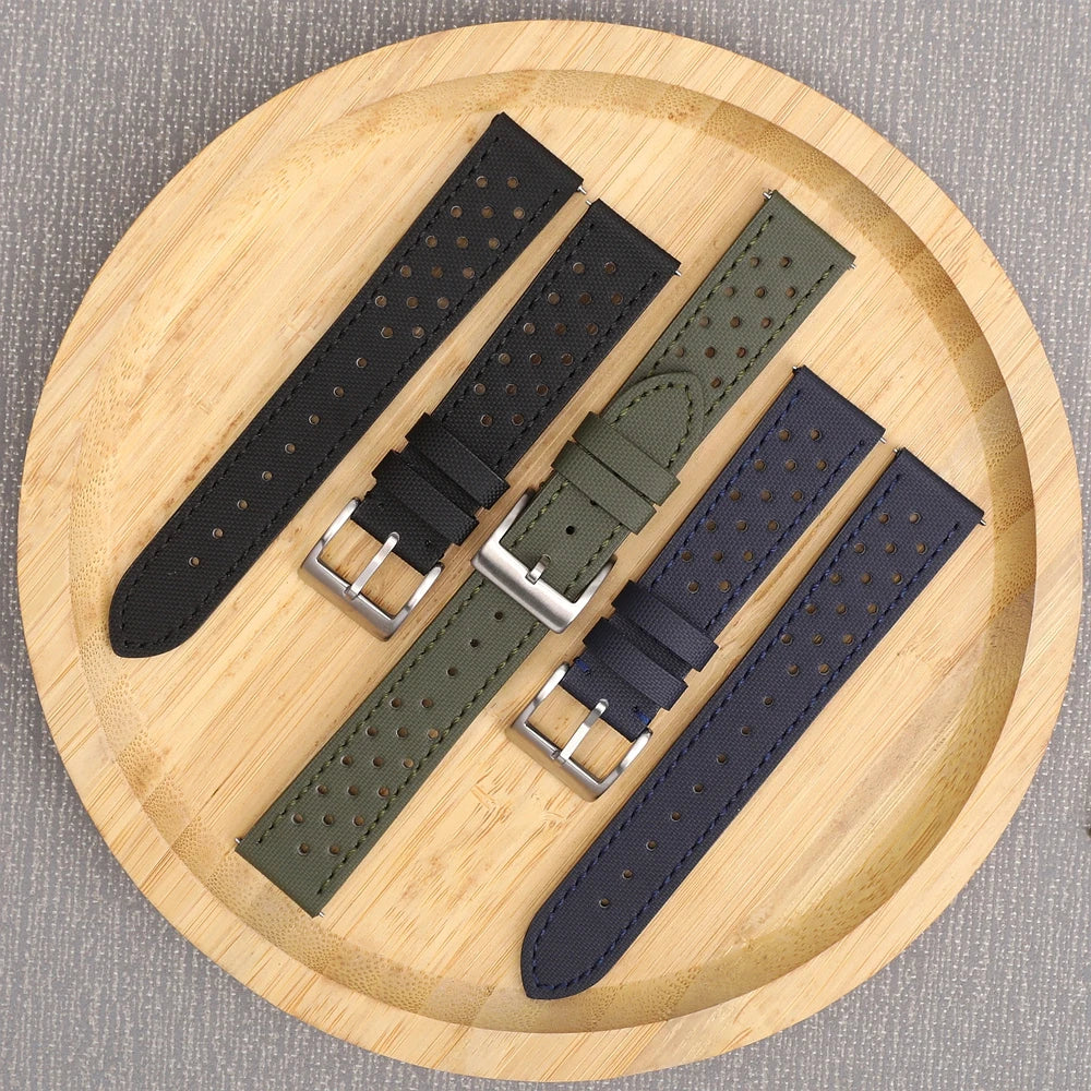 Garmin 18/20/22mm Quick Release Perforated Sailcloth Rally Band in black, army green and navy