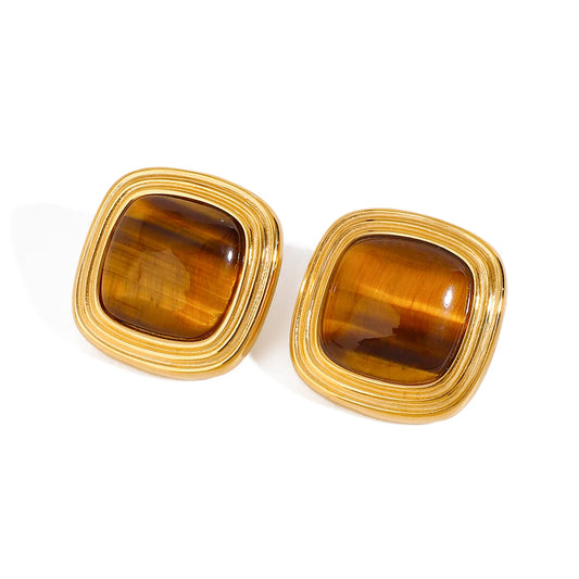Tiger's eye statement stud earrings in gold-tone stainless steel