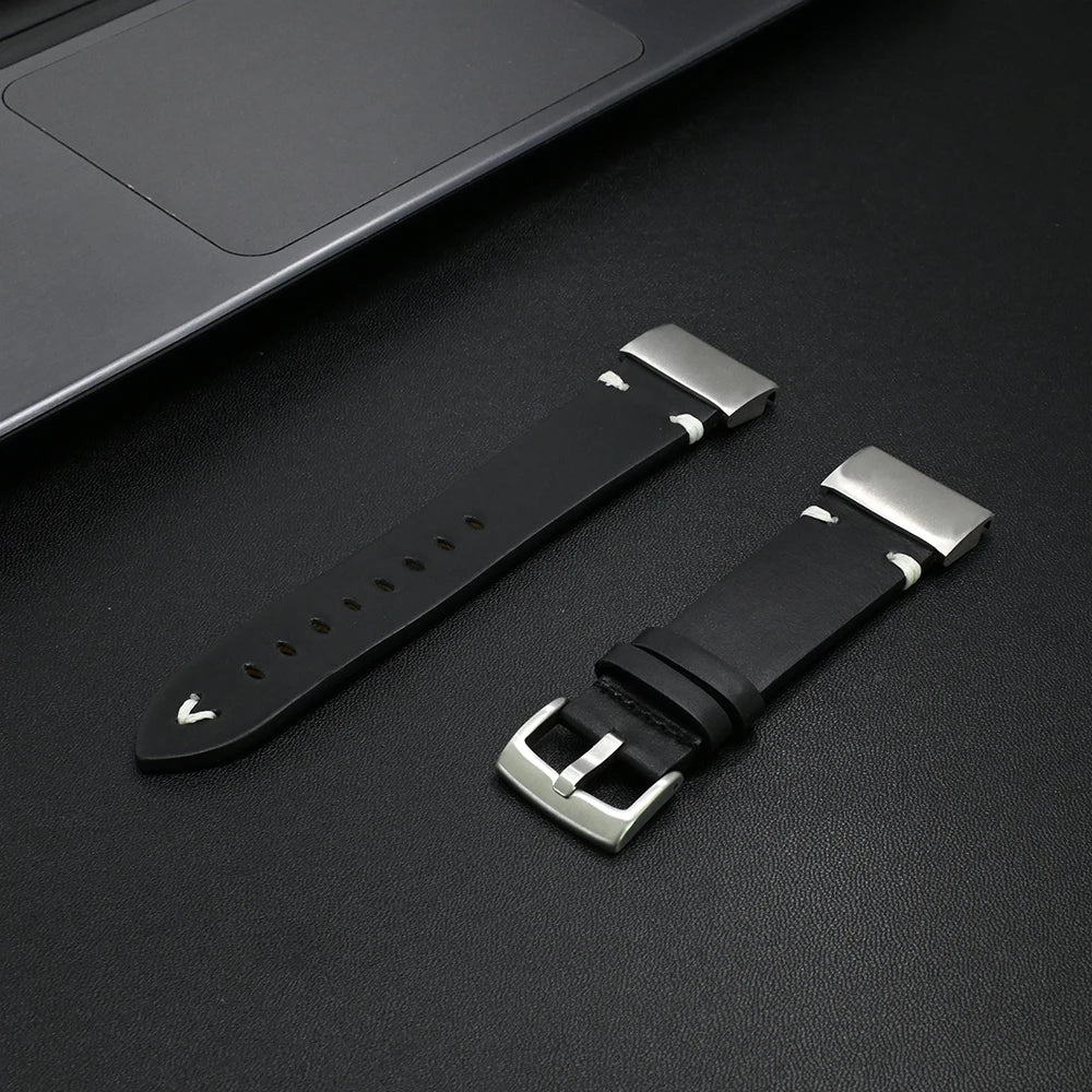 Garmin Leather Soft Strap - premium replacement band for Garmin smartwatch in sleek black with silver buckle.