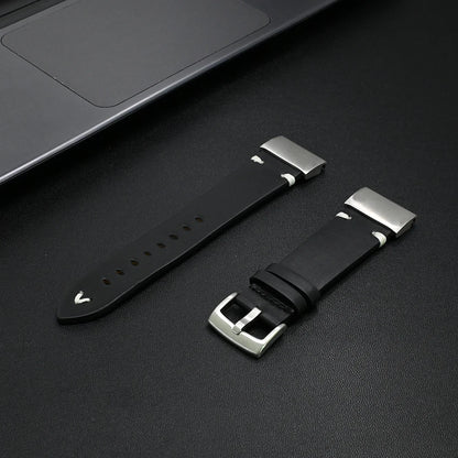 Garmin Leather Soft Strap - premium replacement band for Garmin smartwatch in sleek black with silver buckle.
