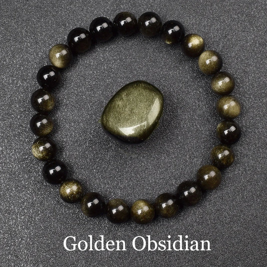 Golden or Silver Sheen Obsidian Bead Bracelet, 6mm or 8mm