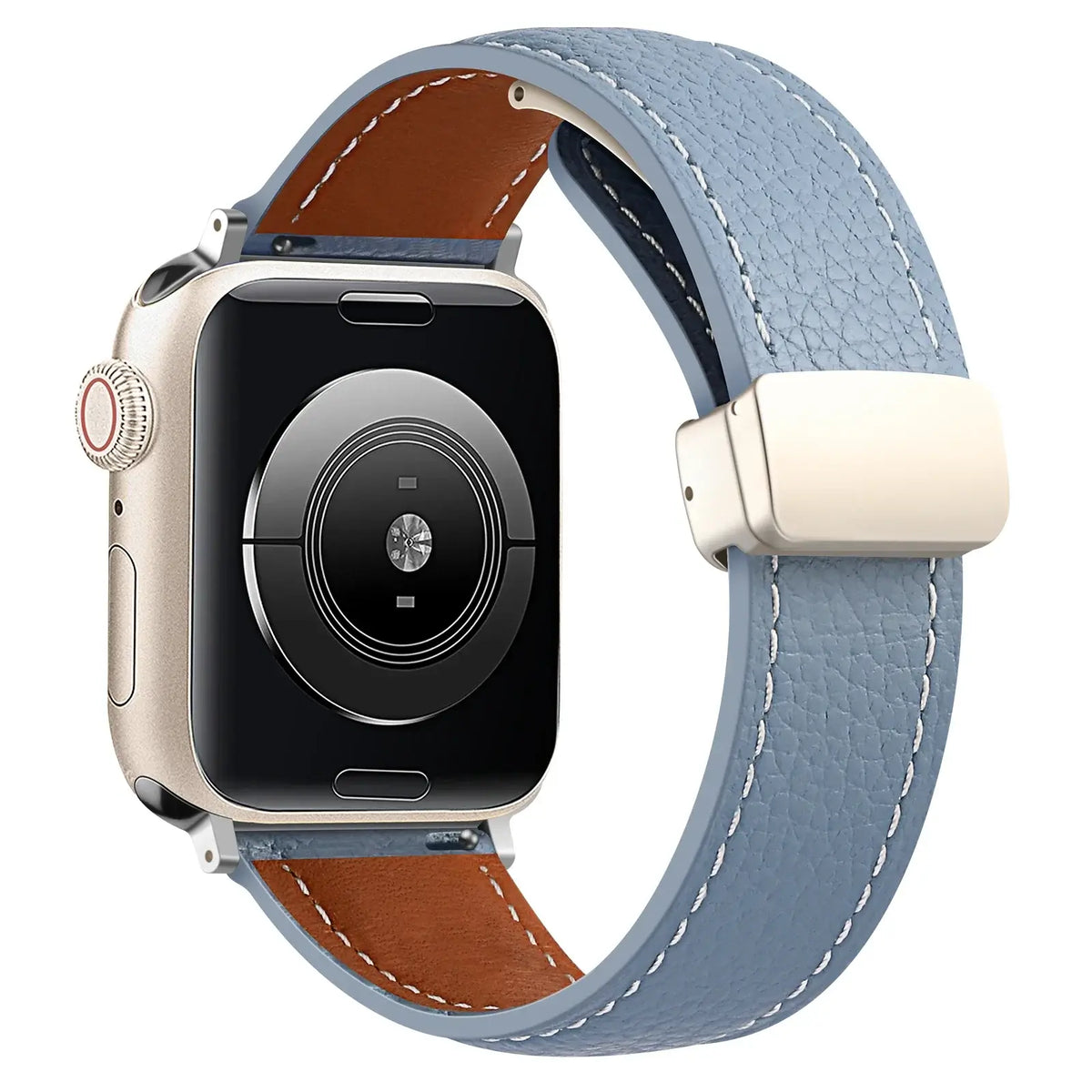 Stitched leather Apple Watch band in Dusty Blue, with silver-tone folding clasp.